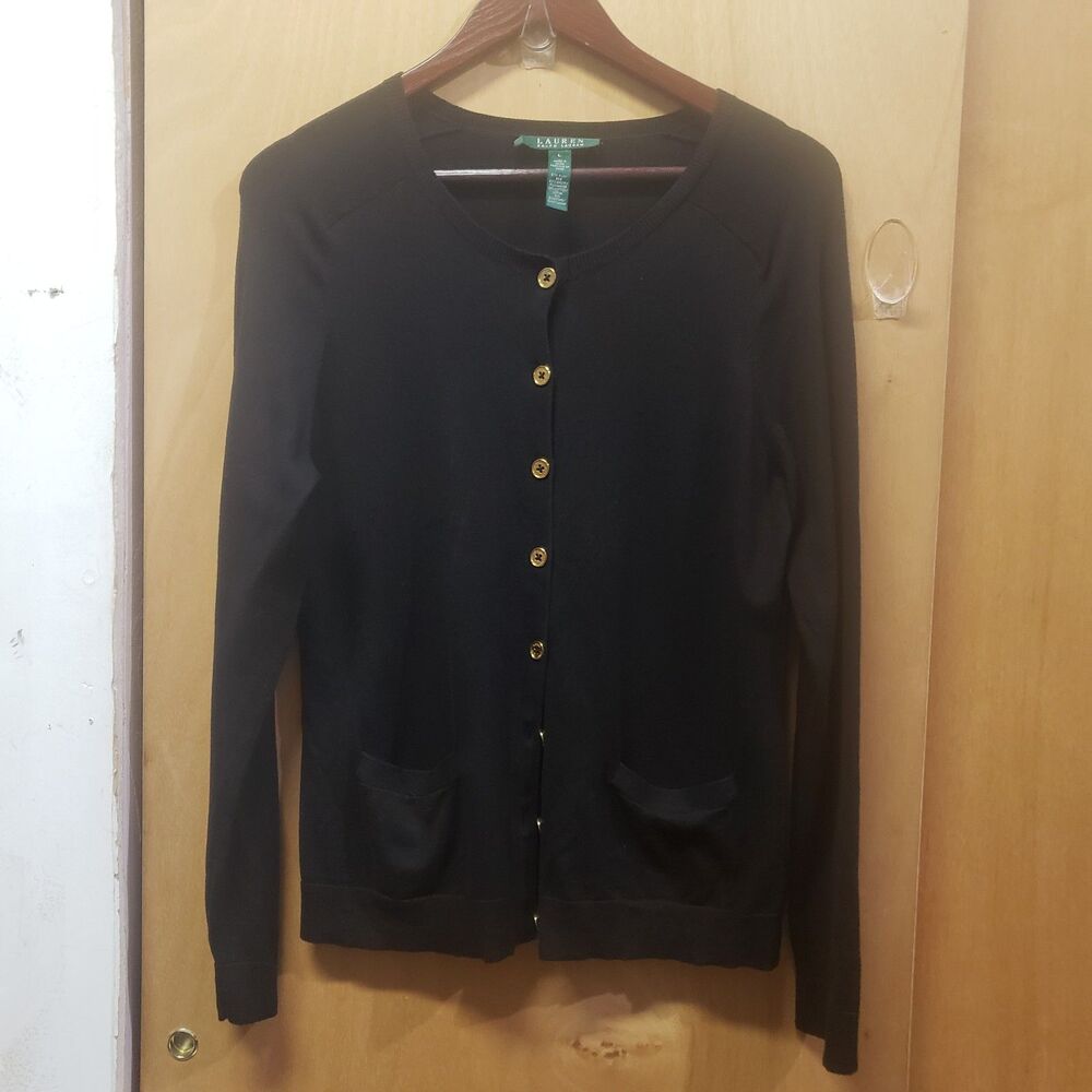 Lauren Ralph Lauren Black silk knit cardigan Lower front pockets Sz Lg ABC
